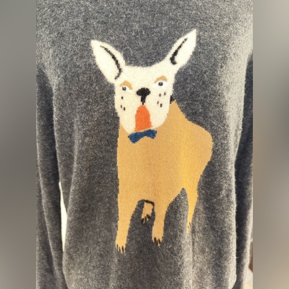 J. Crew Gray and Tan Crew Neck Sweater with French Bulldog Design - Picture 4 of 5